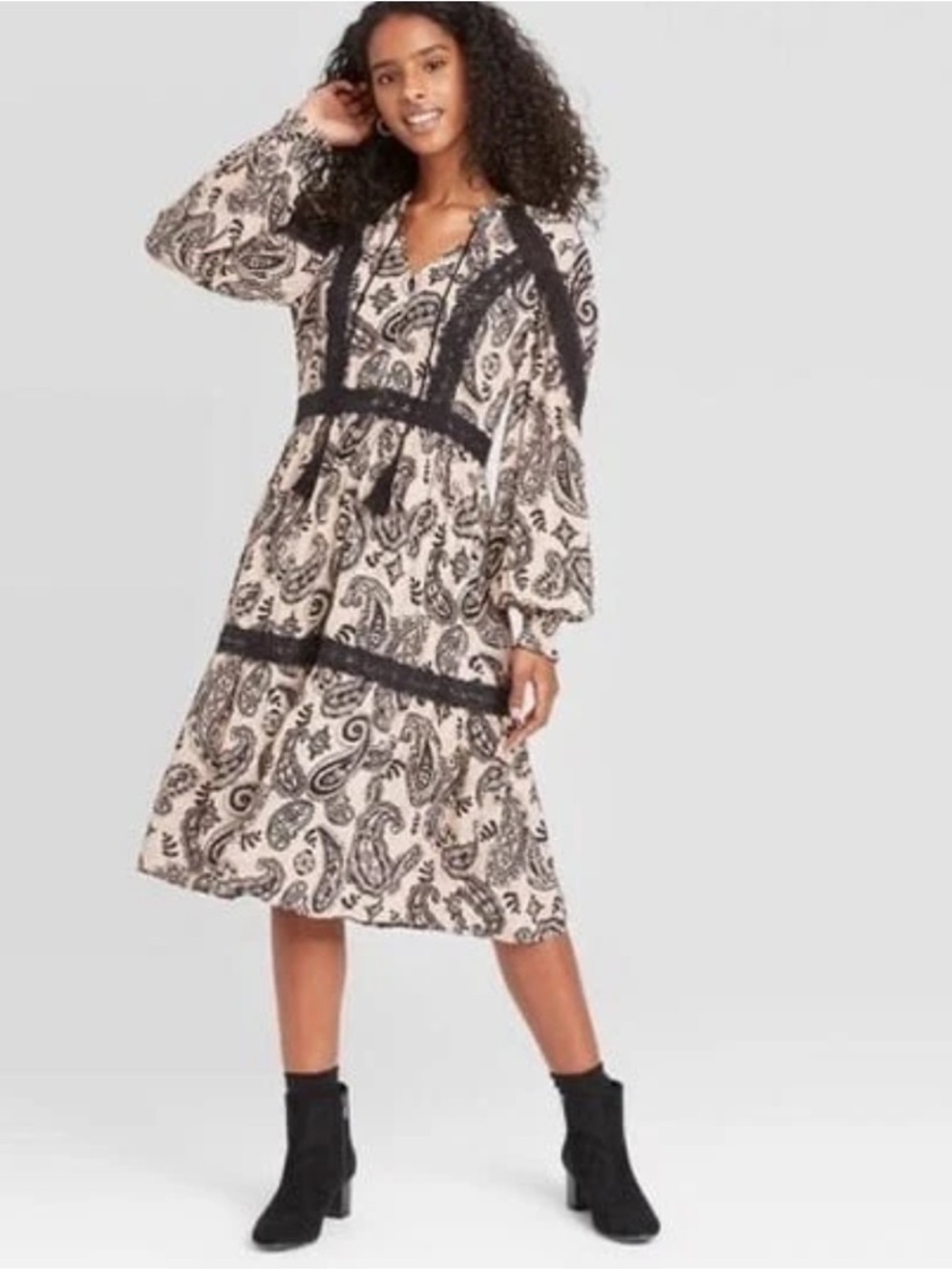 Western dress Knox Rose Long Sleeve Boho Black Paisley Crochet Trim Dress large